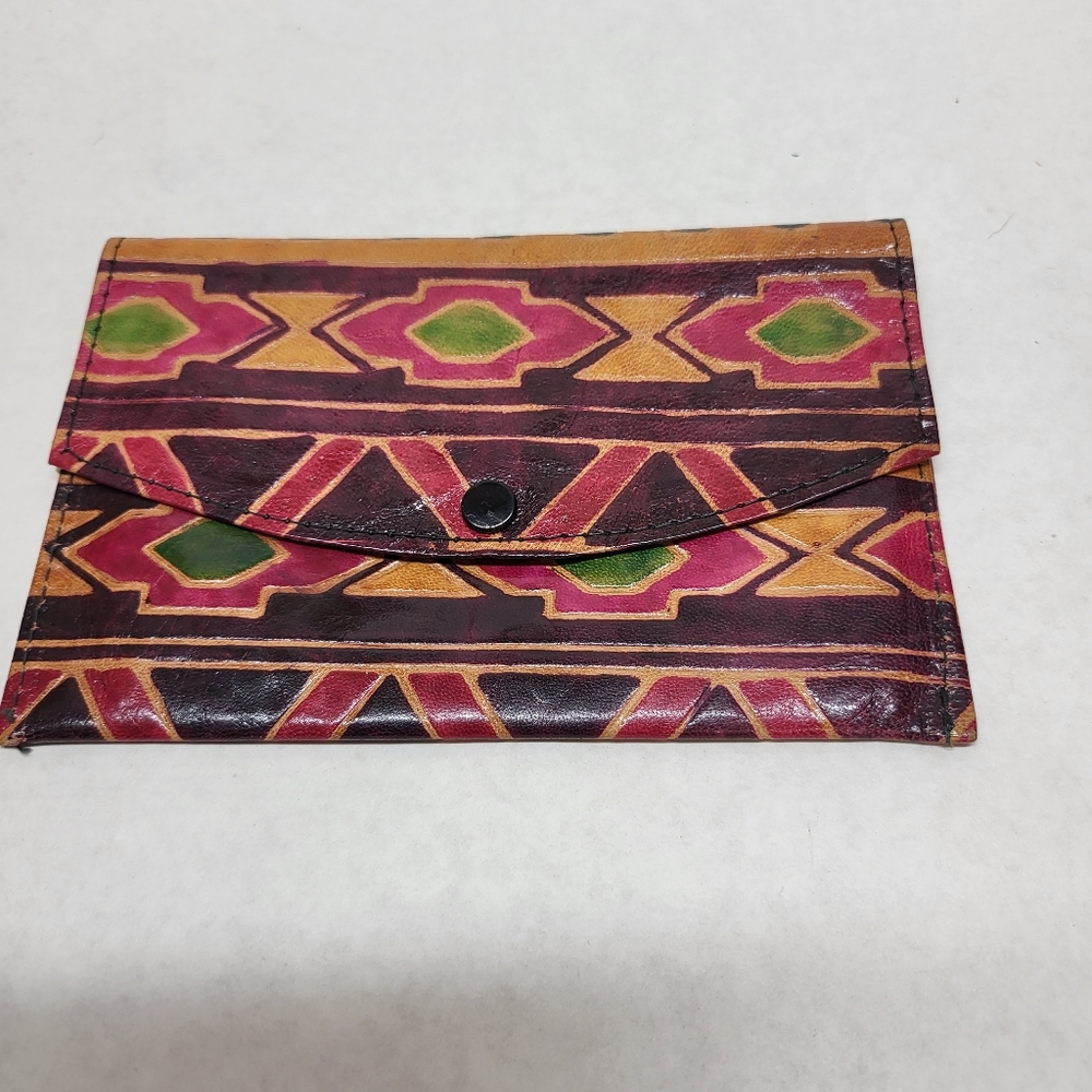 Vintage Used Stitched Leather Geometric Multi-Color Women's Wallet
